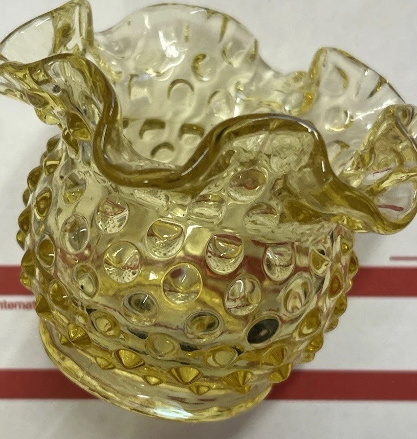 Fenton Amber Hobnail Glass Miniature Vase Bowl Double Crimped 3″