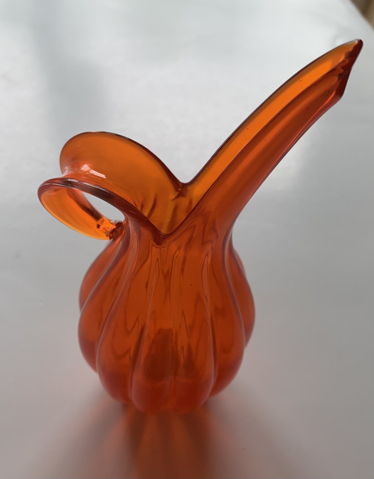 Art glass. Vintage vibrant orange Vase /pitcher. Kreiss Corp. Handmade In Japan.