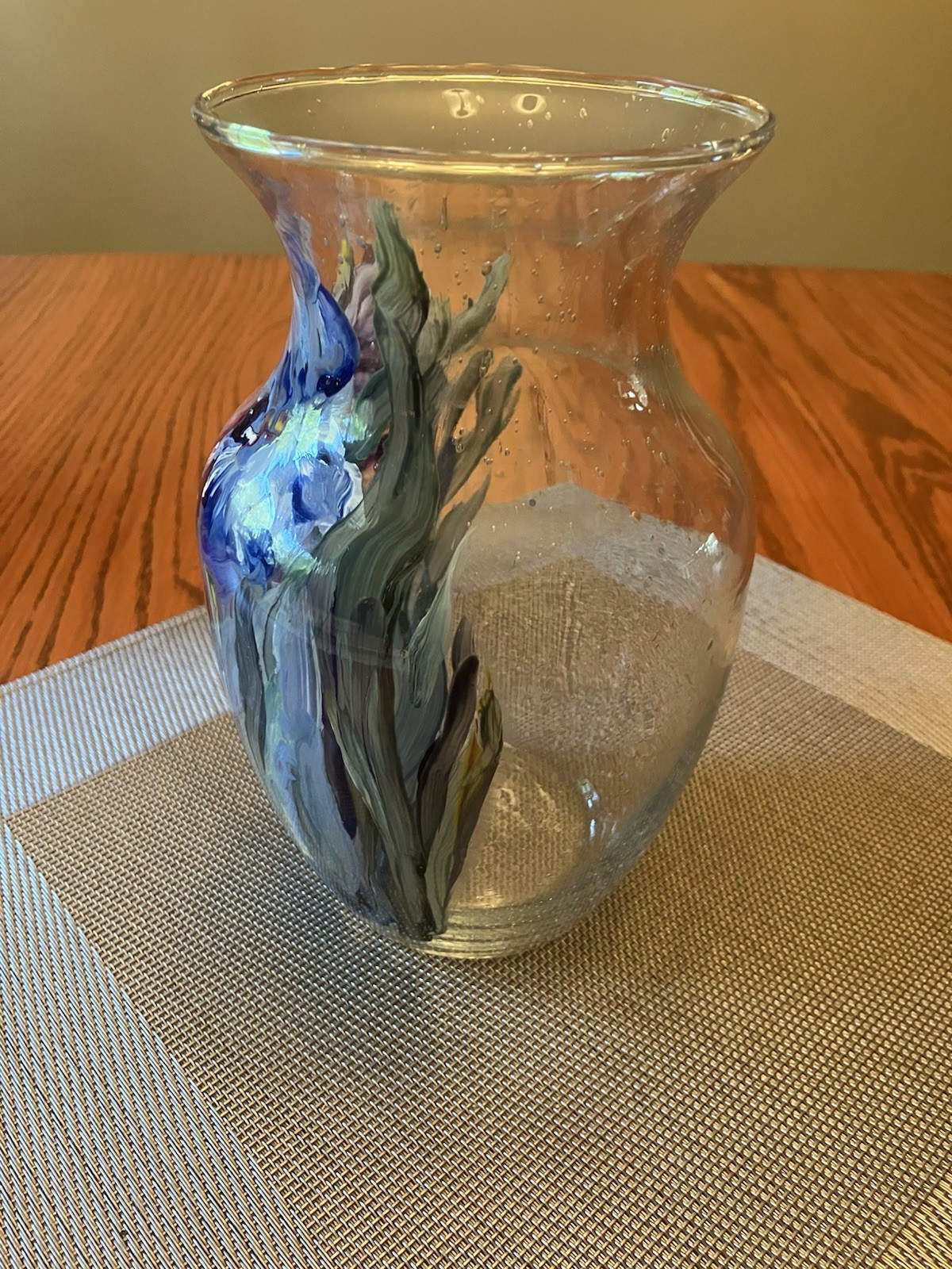 Mary Wolf Floral Impressionist Style Hand Painted Glass Vase Vintage Signed 8”