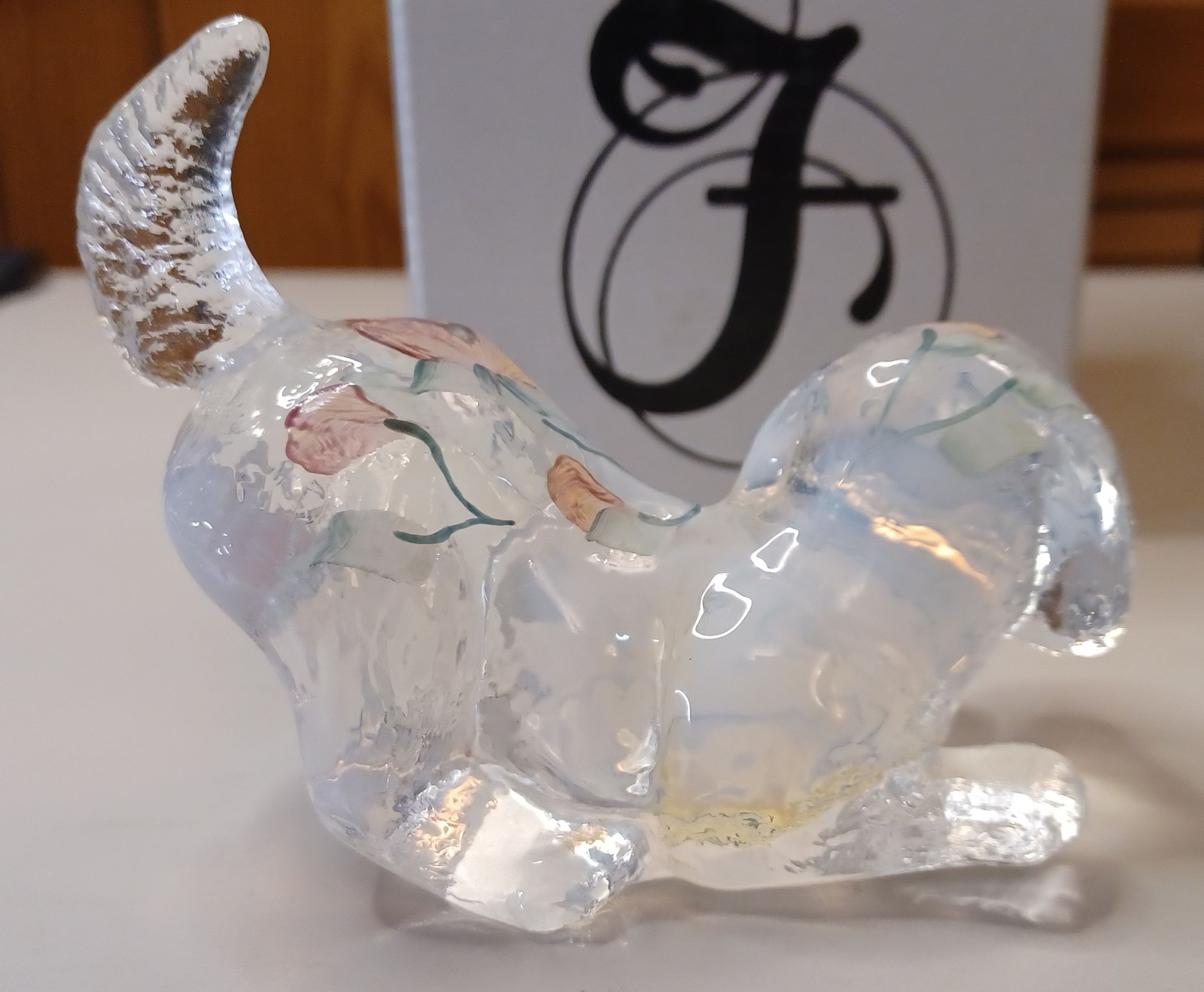 Fenton Playful Puppy dog figurine made of French opalescent art glass. Signed