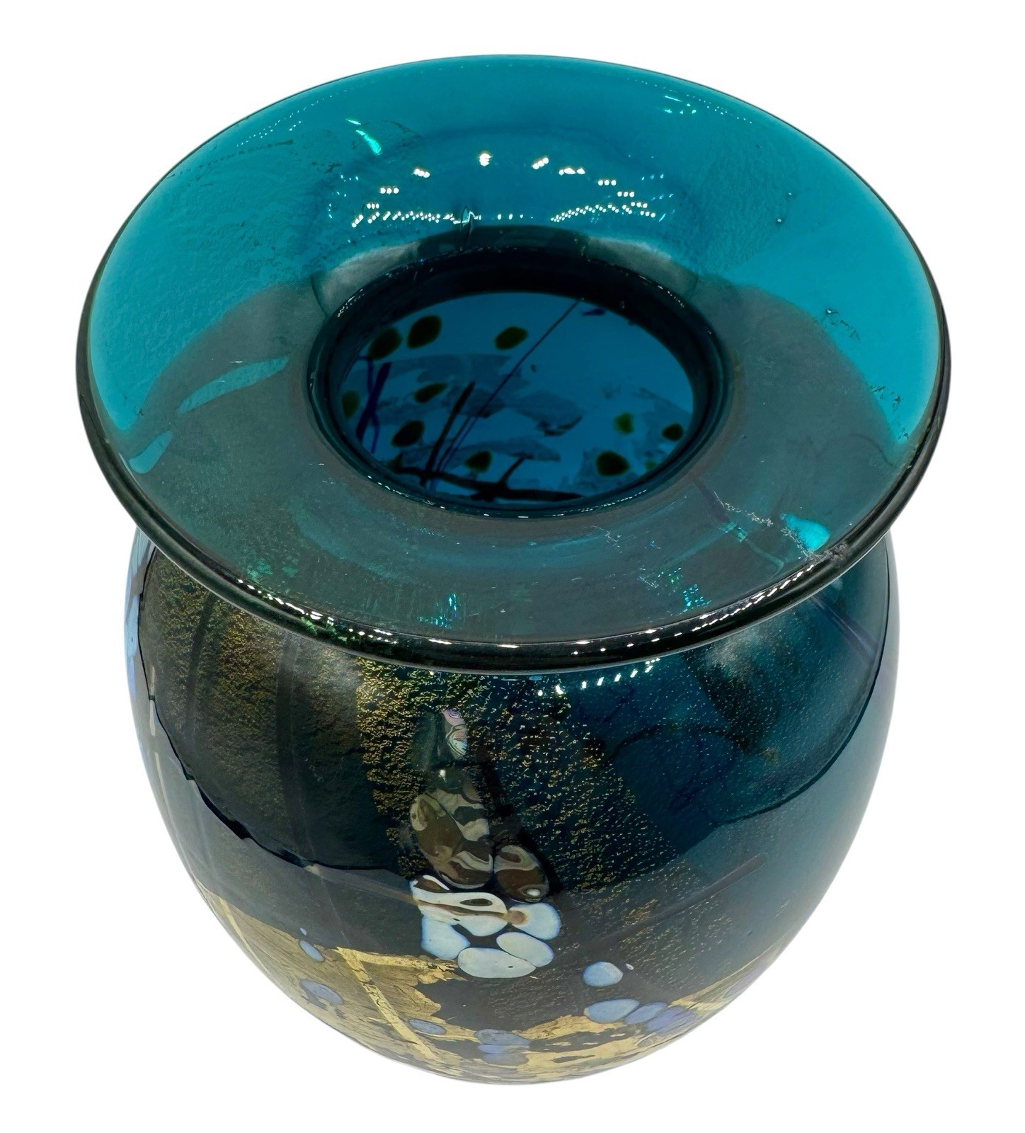Signed Tim Lazer Art Glass Vase Gold Teal Aqua Blue Gold Black Luster 1994 9.25”