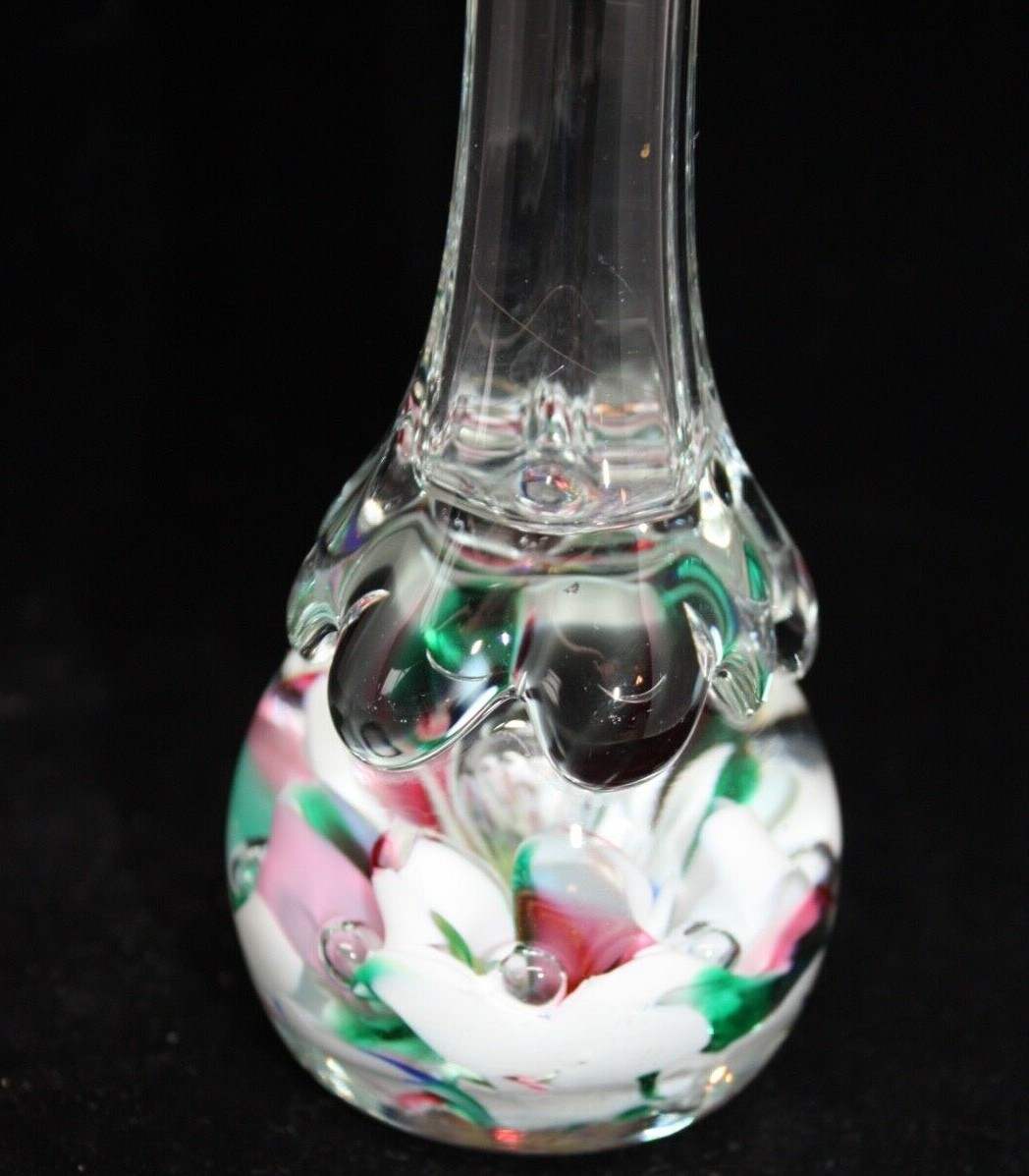 Hand Blown Art Glass Bud Vase Paperweight Trumpet Lily Flower Controlled Bubbles
