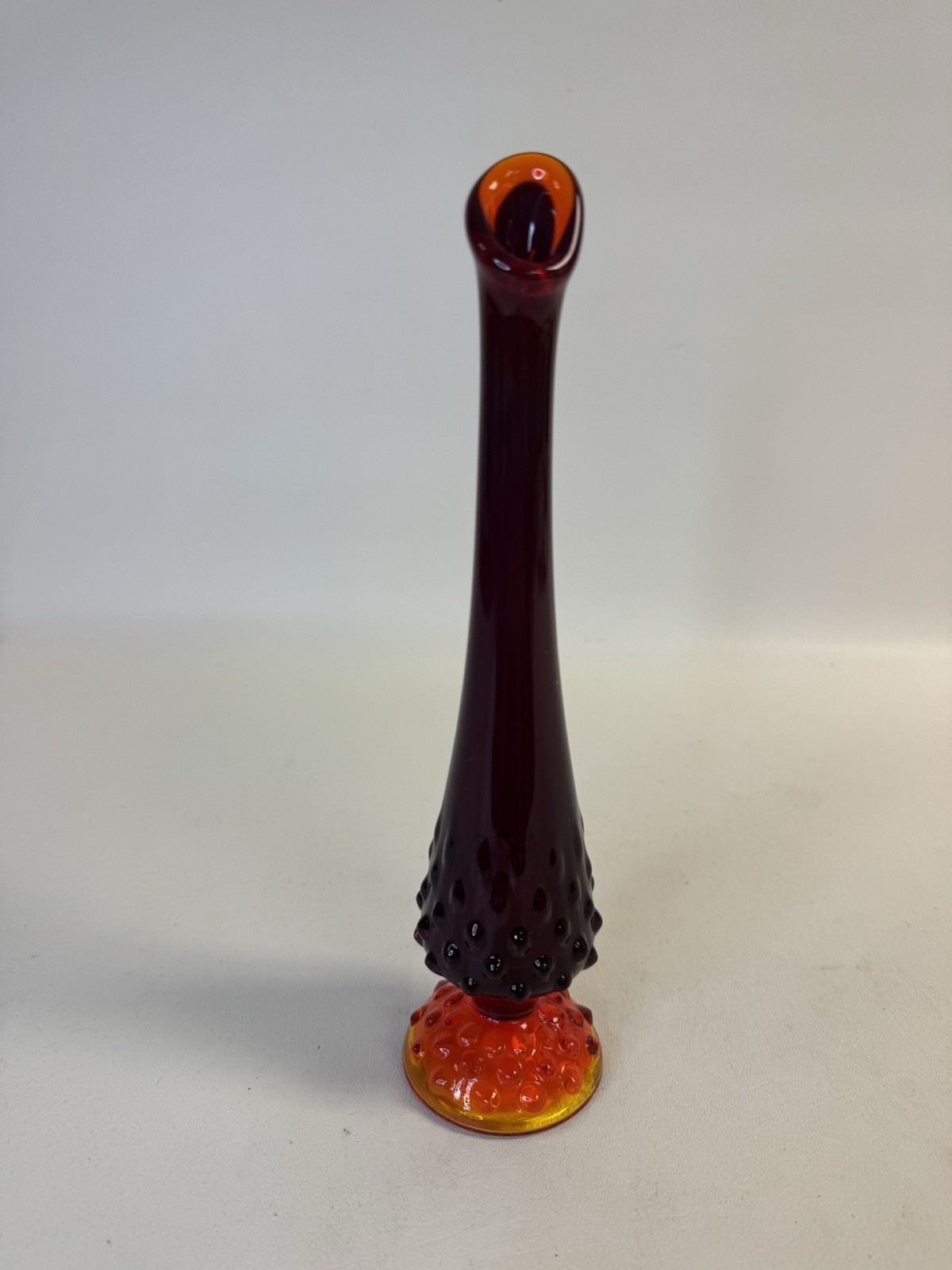 Vintage 70s FENTON 10″ Glowy Amberina Red & Yellow Hobnail Print Swung Bud Vase