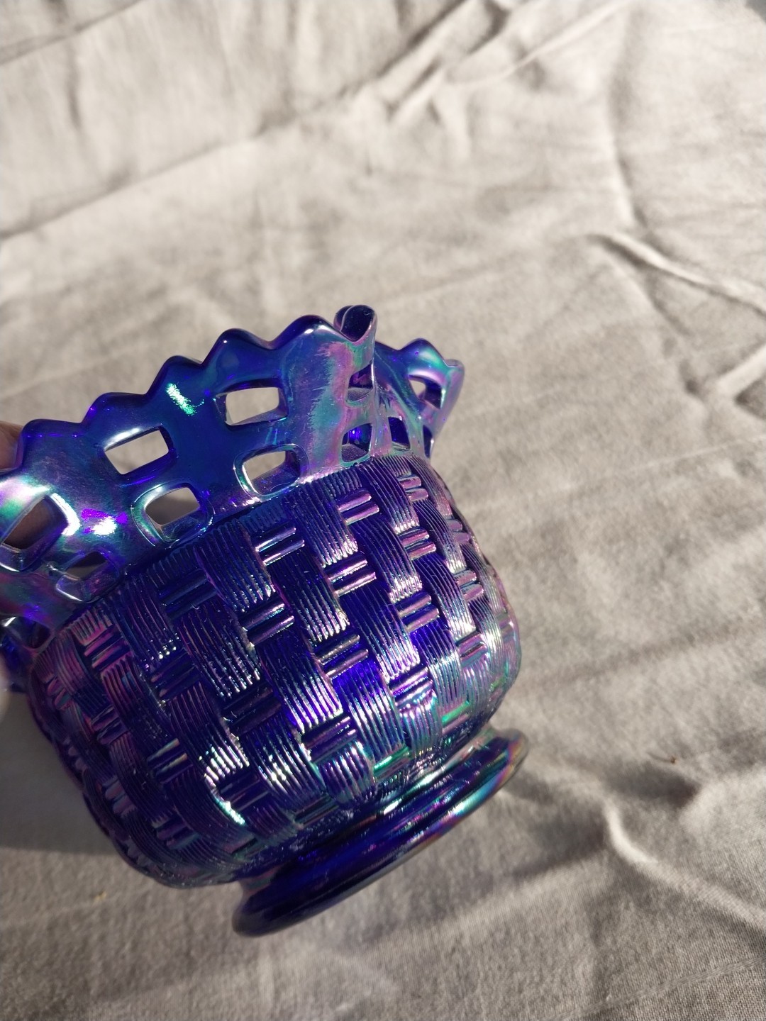 Fenton Carnival Glass Basket Weave Bowl Cobalt Blue