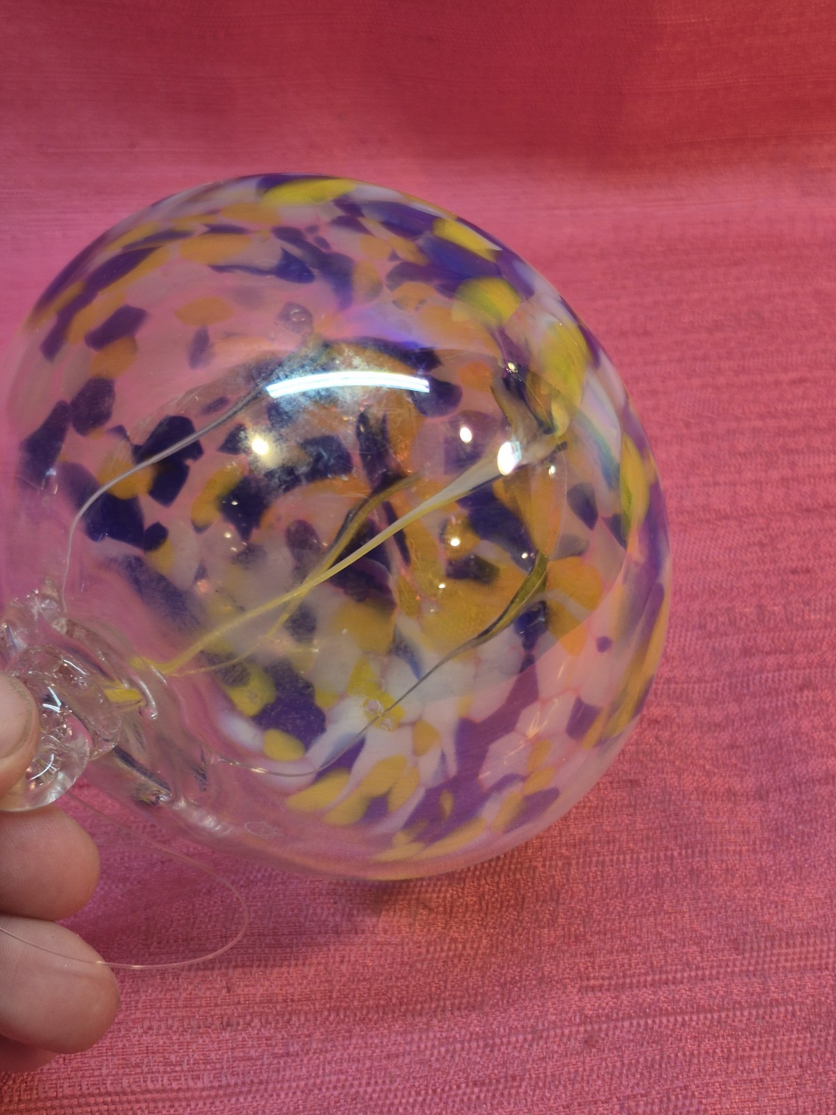 Hand Blown Art Glass Floating Globe Ornament Purple Yellow Confetti 5″ Decor