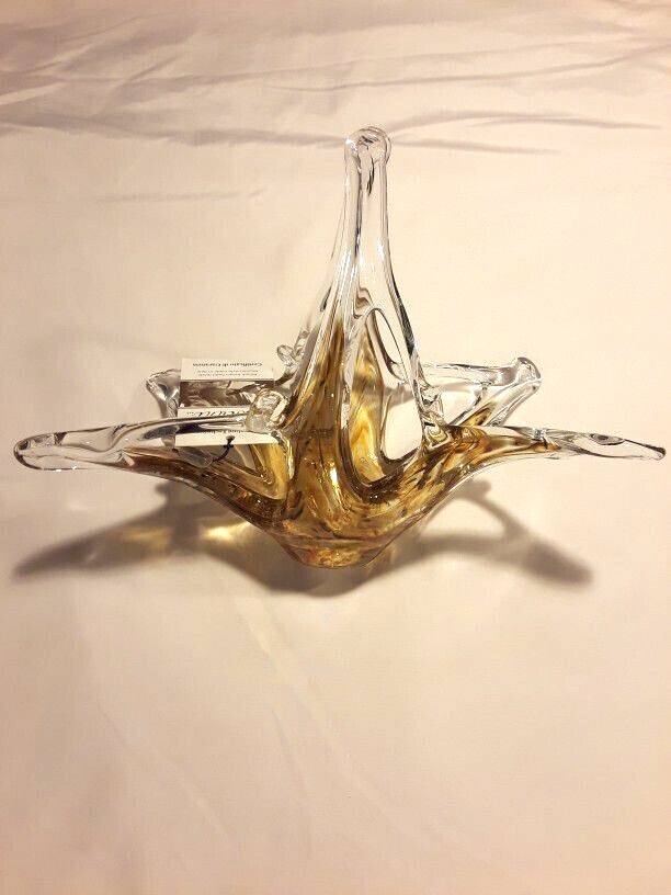 NWT Murano Glass Freeform Basket/Candy Dish. Hand Made In Italy Brown/Gold 10″ L