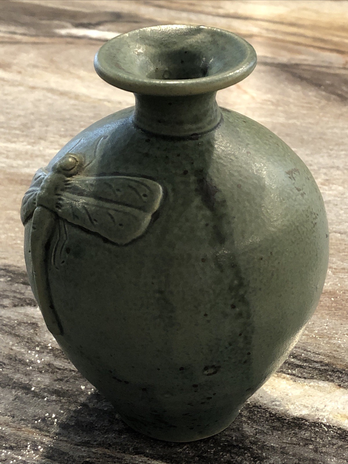 Indonesian Art Pottery Green Dragonfly Vase No Cracks No Chips No Issues