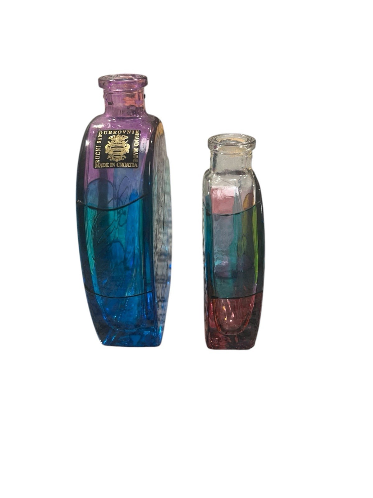 Kefla M Draksler Slovenija Art Glass Bottles (2) Heart Shaped Made In Italy Colo