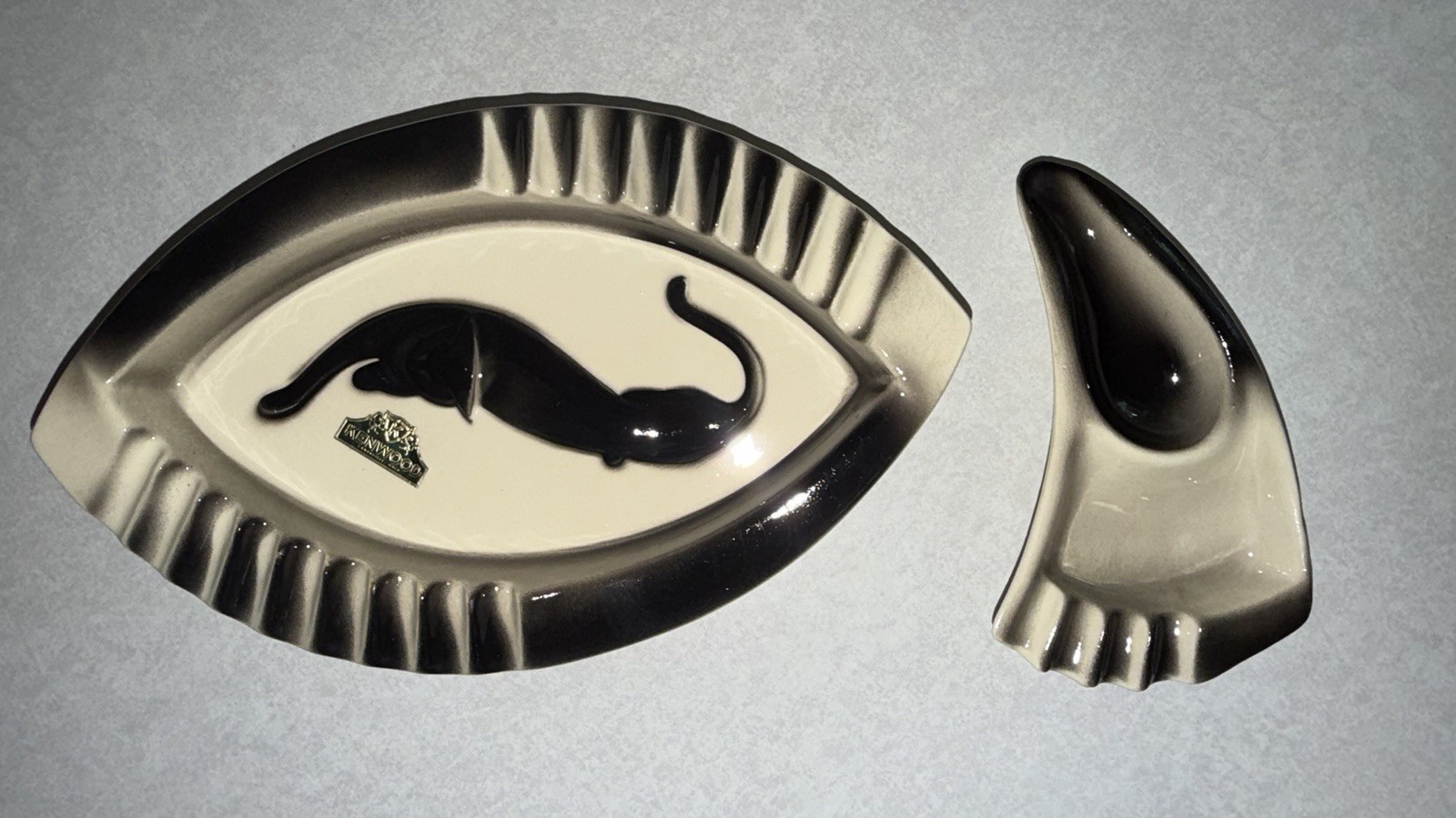 MCM Kenwood Pottery Black Panther Cat ashtray set 2200 & 2201 Mint with label