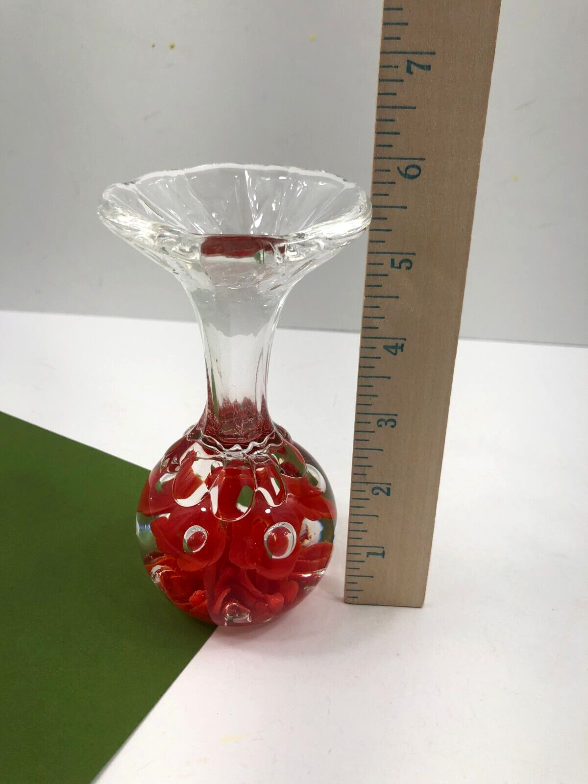 Maude & Bob St Clair Glass Trumpet Flower Paperweight Bud Vase Controlled Bubble