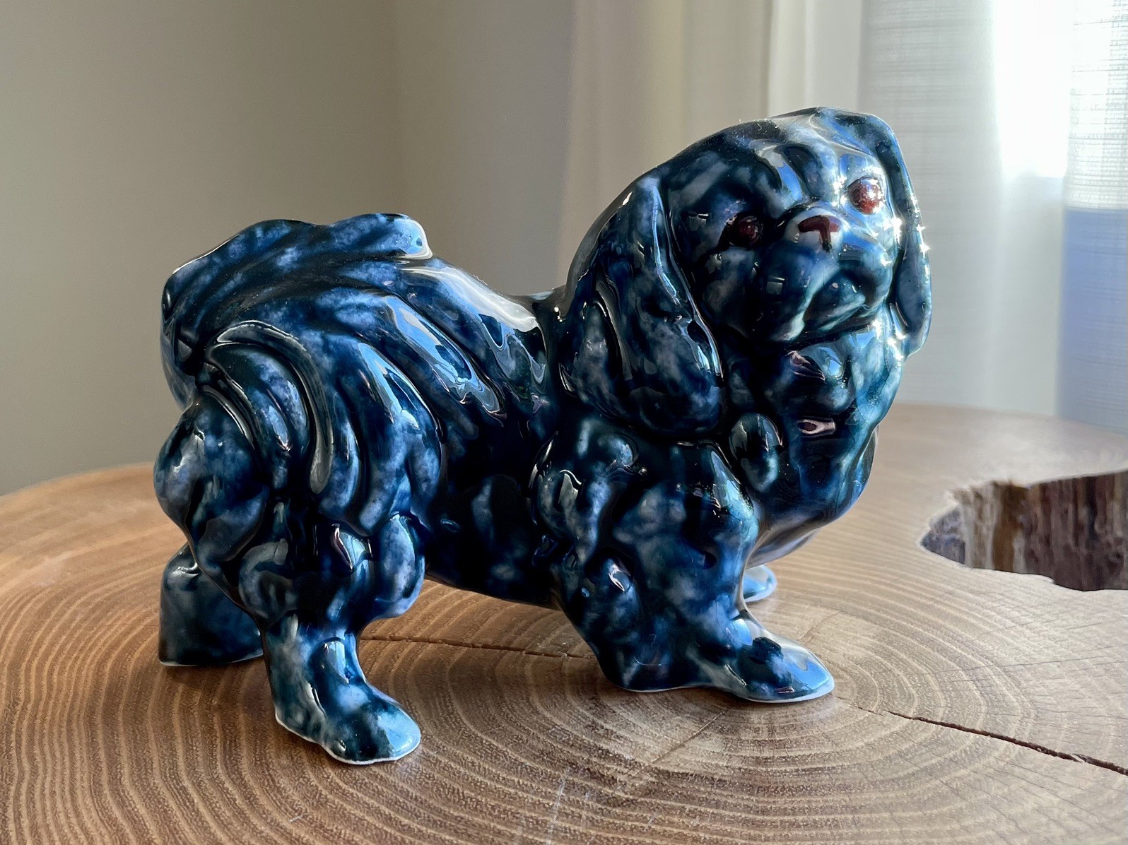 MCM Vintage Ceramic Pekingese Dog Figurine Blue Drip Glaze