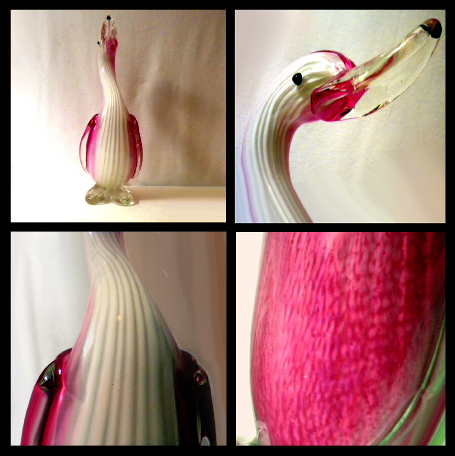 Vintage Pink Textured, clear & white Art Glass Duck Sculpture/Figurine 12 ½”