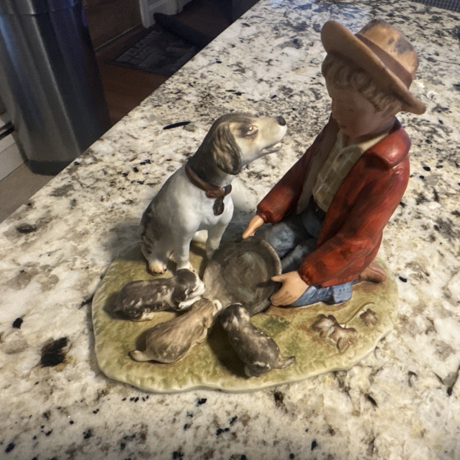Ceramic Decorative Figurine Multicolor Boy with Dog and Puppies Animal Theme