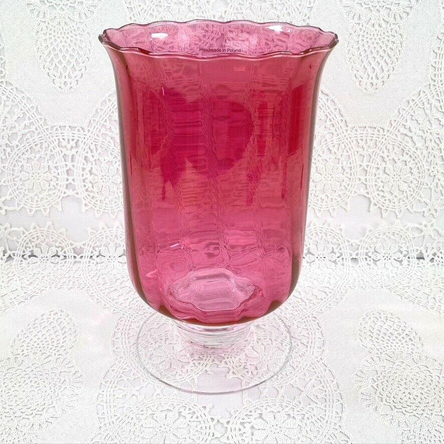 Cranberry Pedestal Handmade Flash Glass Vase Scalloped Top Ribbed 10″