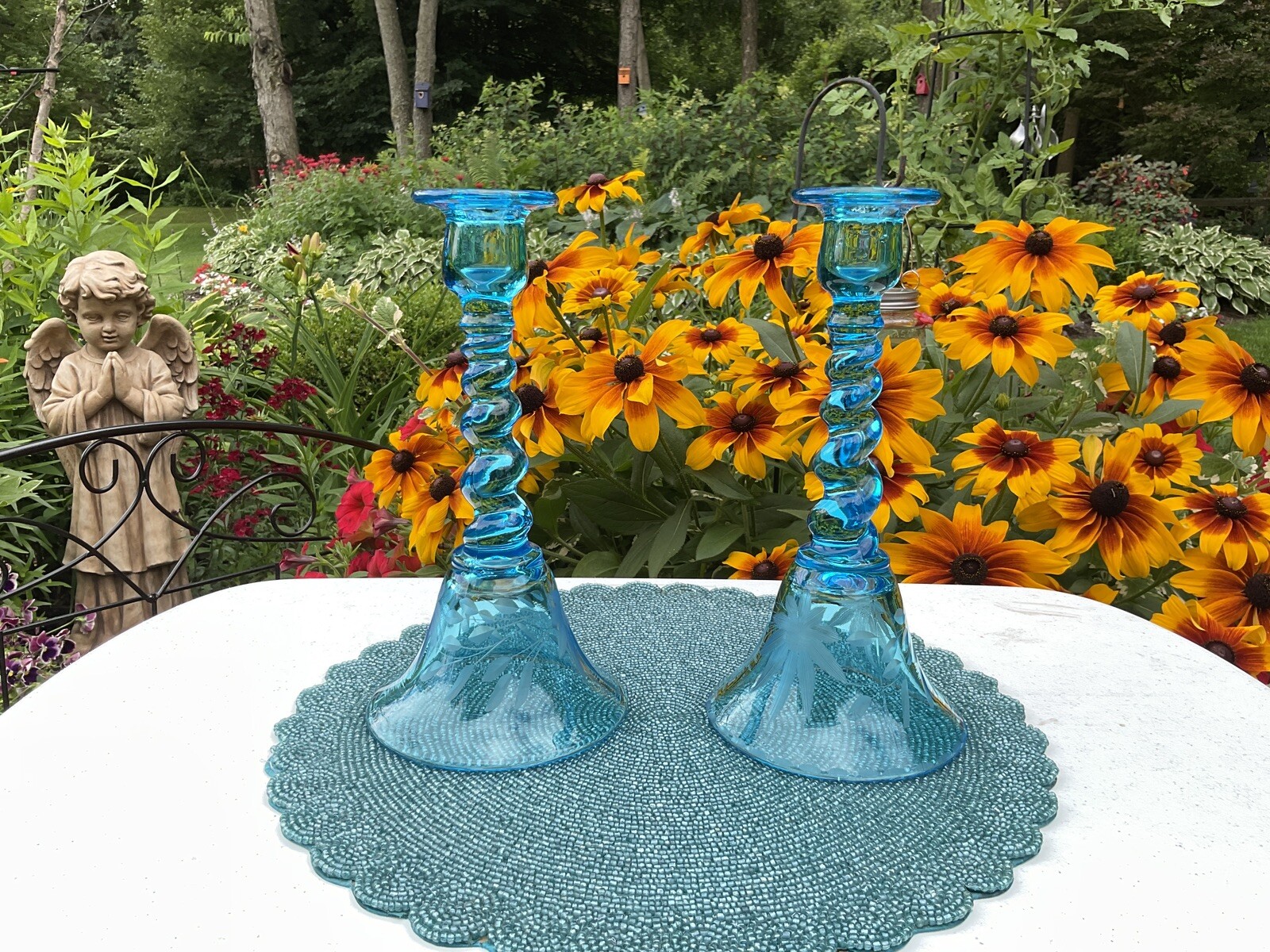 U.S. Glass #315 Blue Bell Twist Swirl Candlesticks Floral Etched Detail Pristine