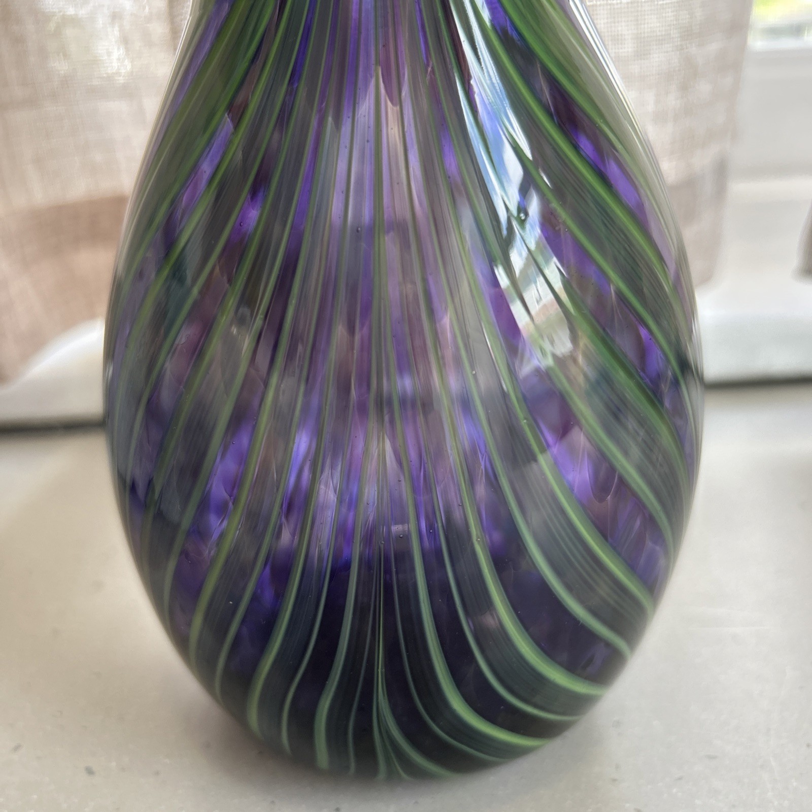 Hand Blown Studio Glass Pulled Feather Purple Green Vase 10” Dan Lotton Inspired