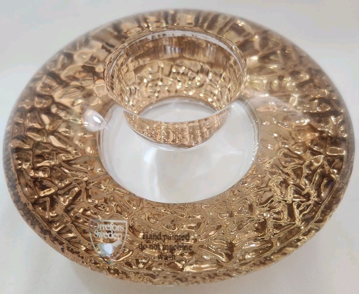 Orrefors Kosta Boda Sweden Gold Discus Votive Lara Hellsten Gold & Clear 2.25″T