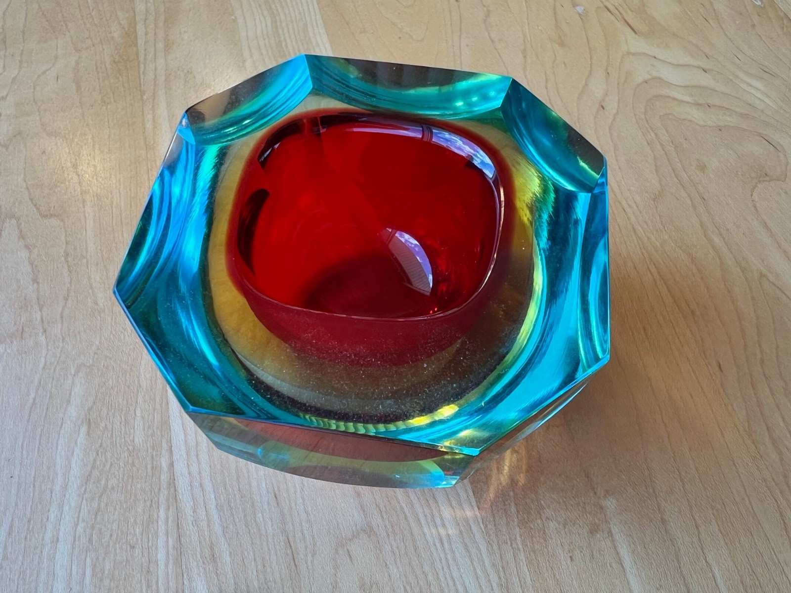 VINTAGE Faceted Red Murano Diamond Cut Glass Bowl