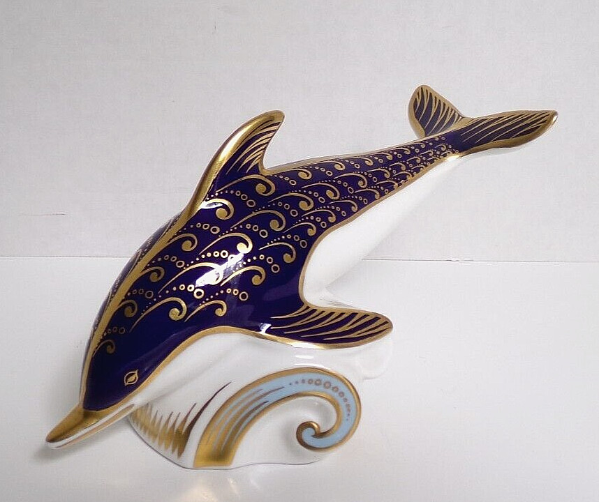 Royal Crown Derby Cobalt Imari Dolphin Porcelain Paperweight 1987 Marked 3.5”