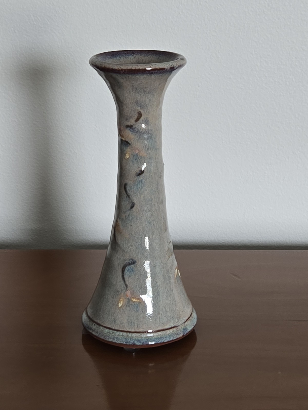 Art Pottery Bud Vase Gray Blue With Hand Painted Design Signed By Artist