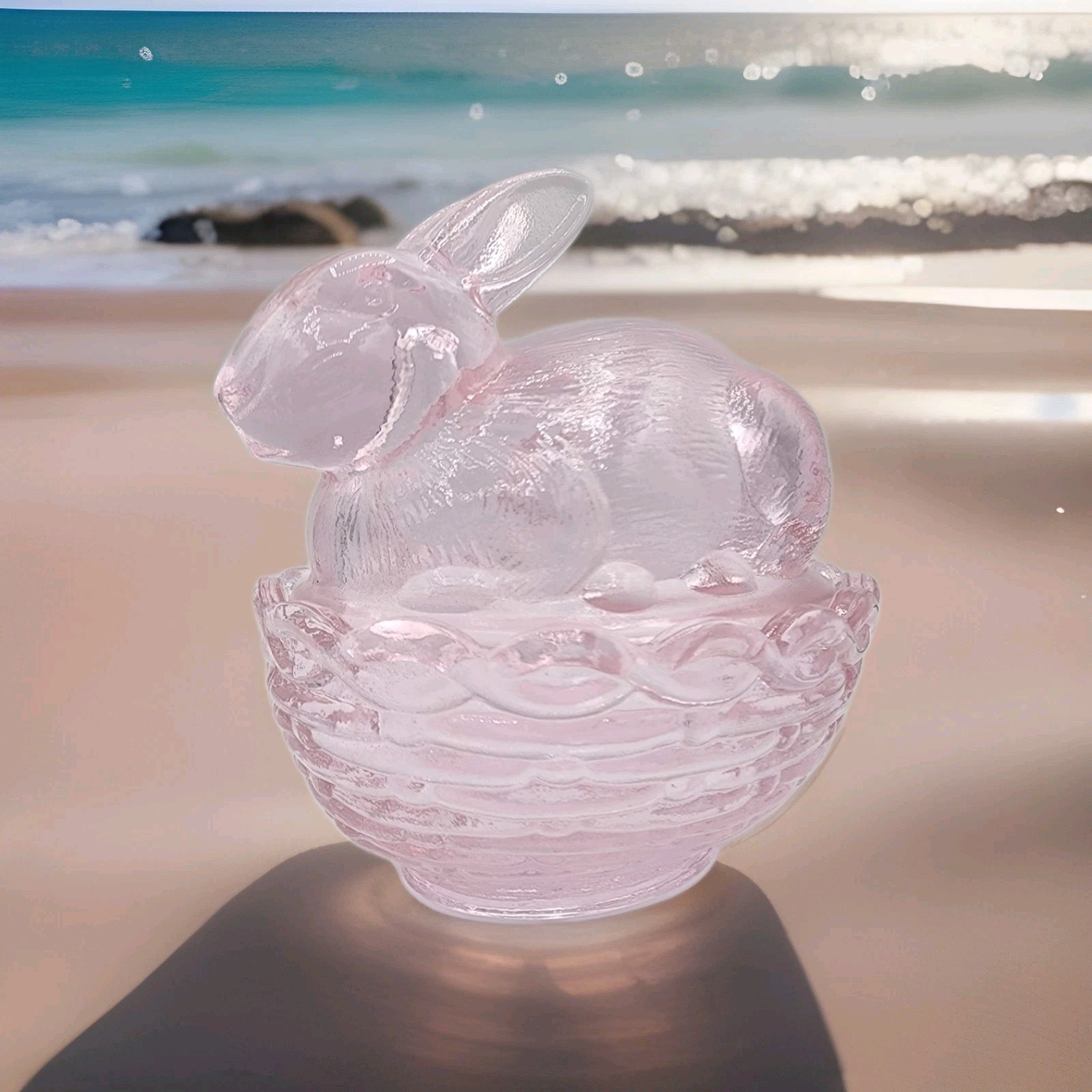 Easter Bunny on Basket Mosser Glass W/ Logo Covered Dish Passion Pink 4″