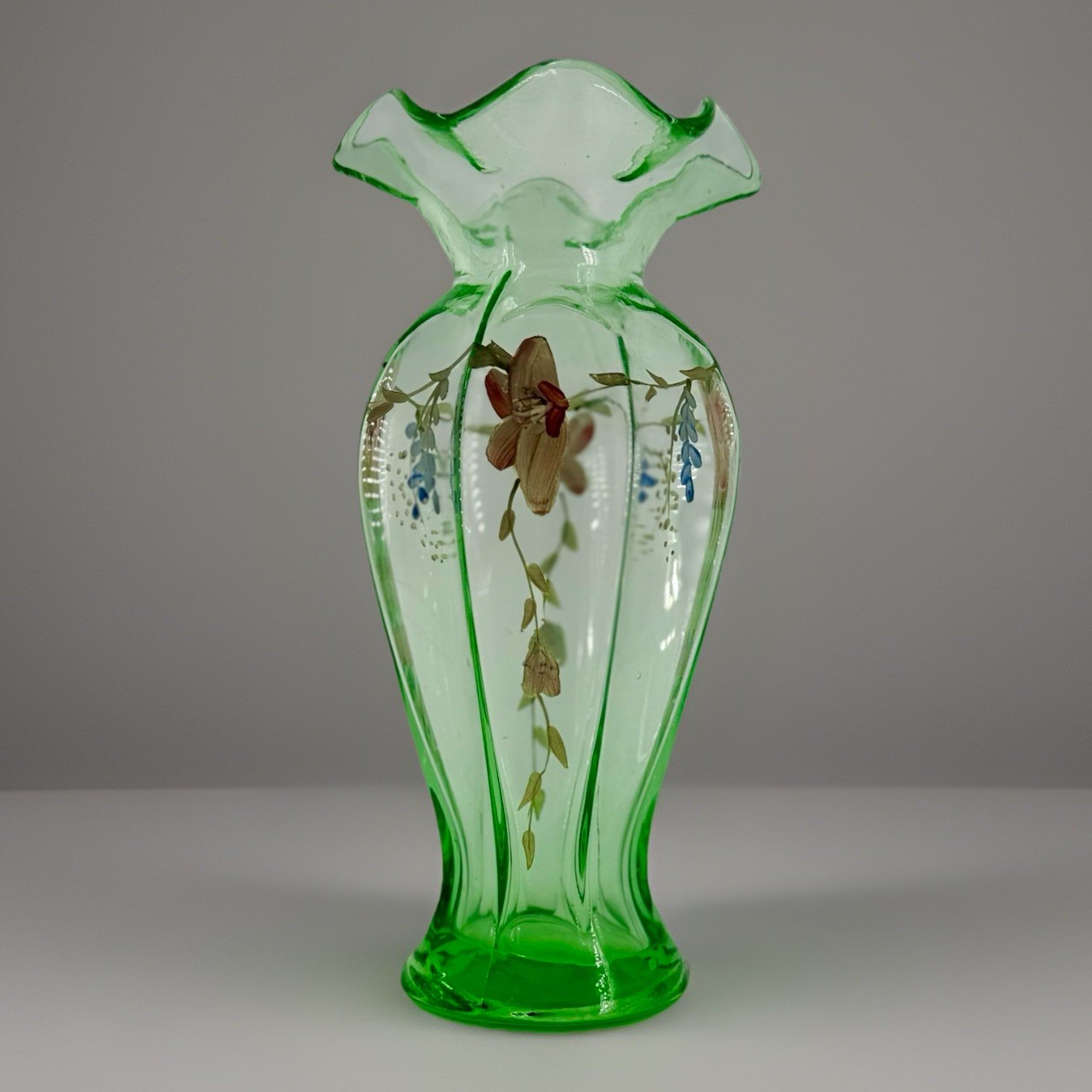 Vintage Hand Painted Elegant Green Bouquet Vase With Enameled Flowers 9 inches