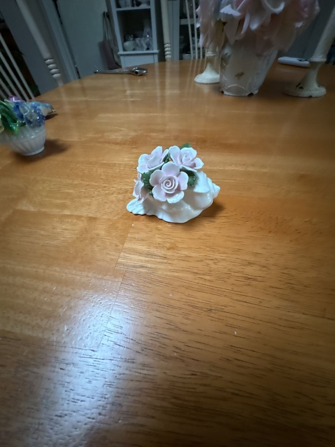 Vintage Aynsley Bone China Conch Shell Figurine with Pink Rose Bouquet