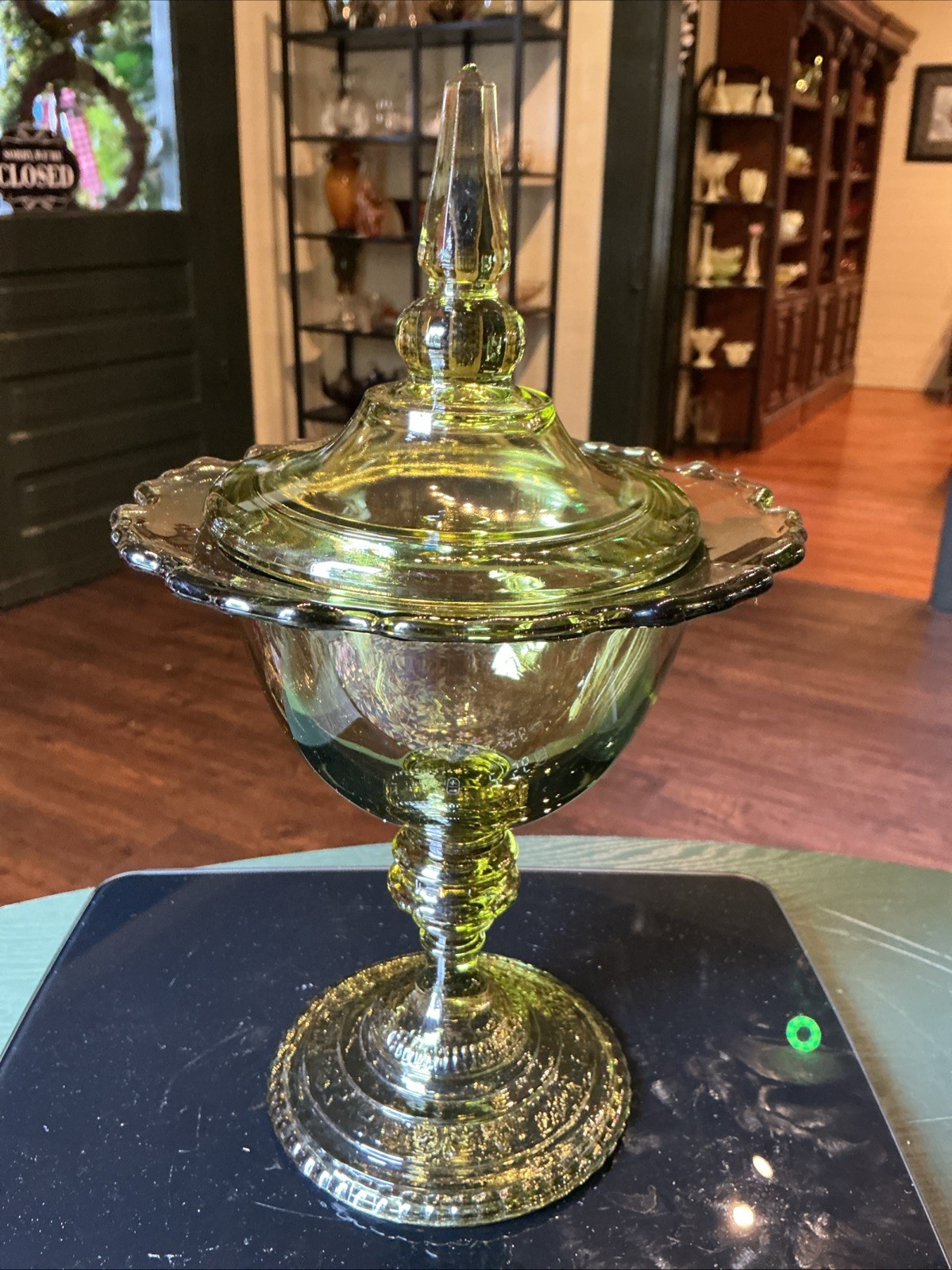 Vintage MCM 11.75” Olive Green Glass Lidded Compote (Empoli?)