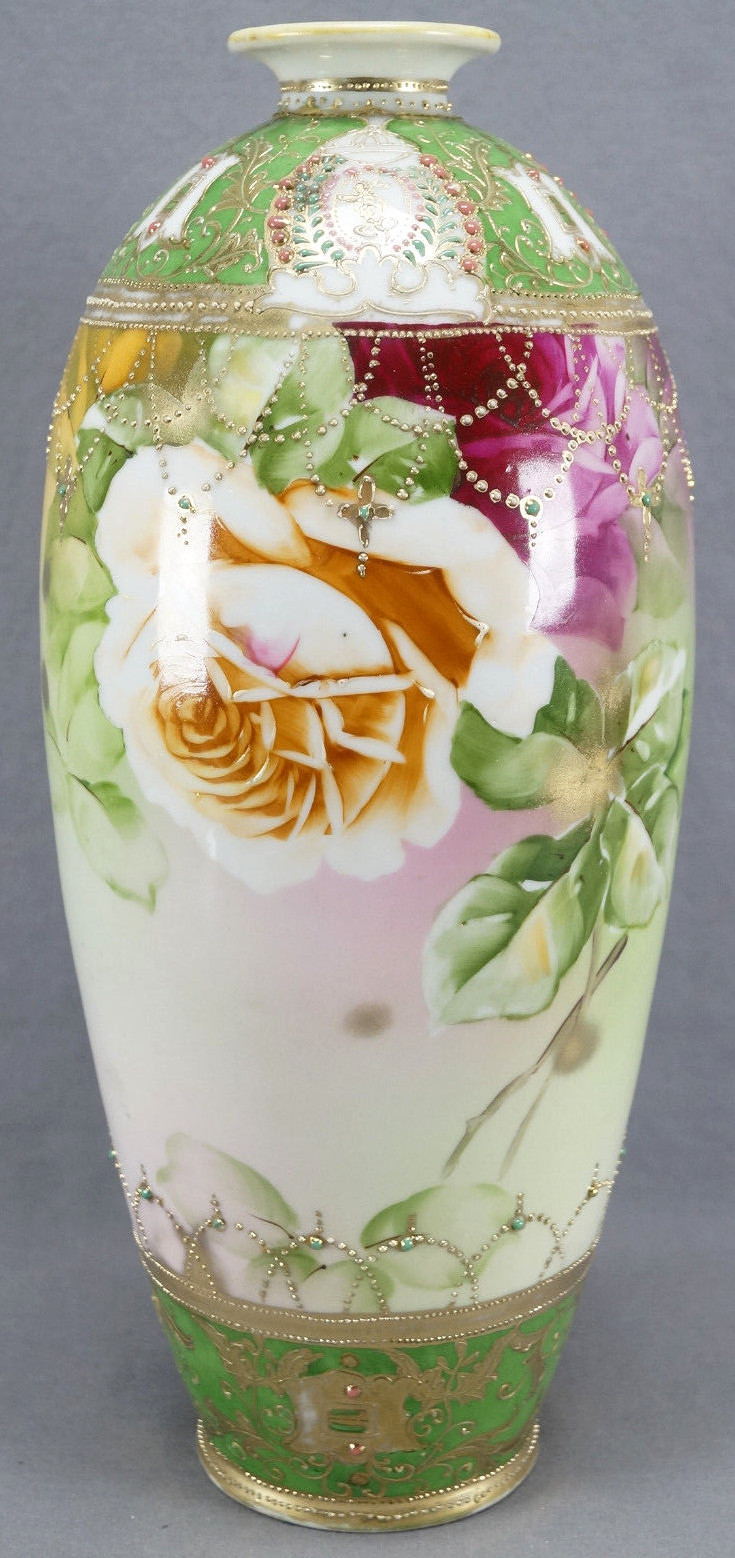 Nippon Hand Painted Pink & Yellow Rose Jeweled & Beaded 14 Inch Tall Vase