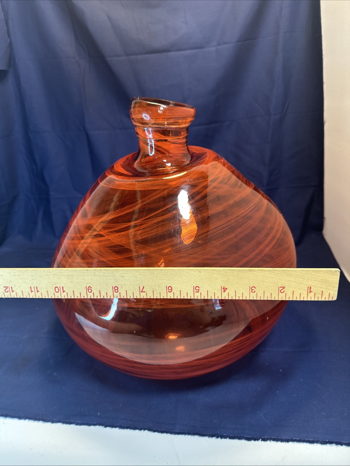 LARGE Glass Orange Red Swirl Studio ART TABLE GLASS VASE Jardiniere Home Decor