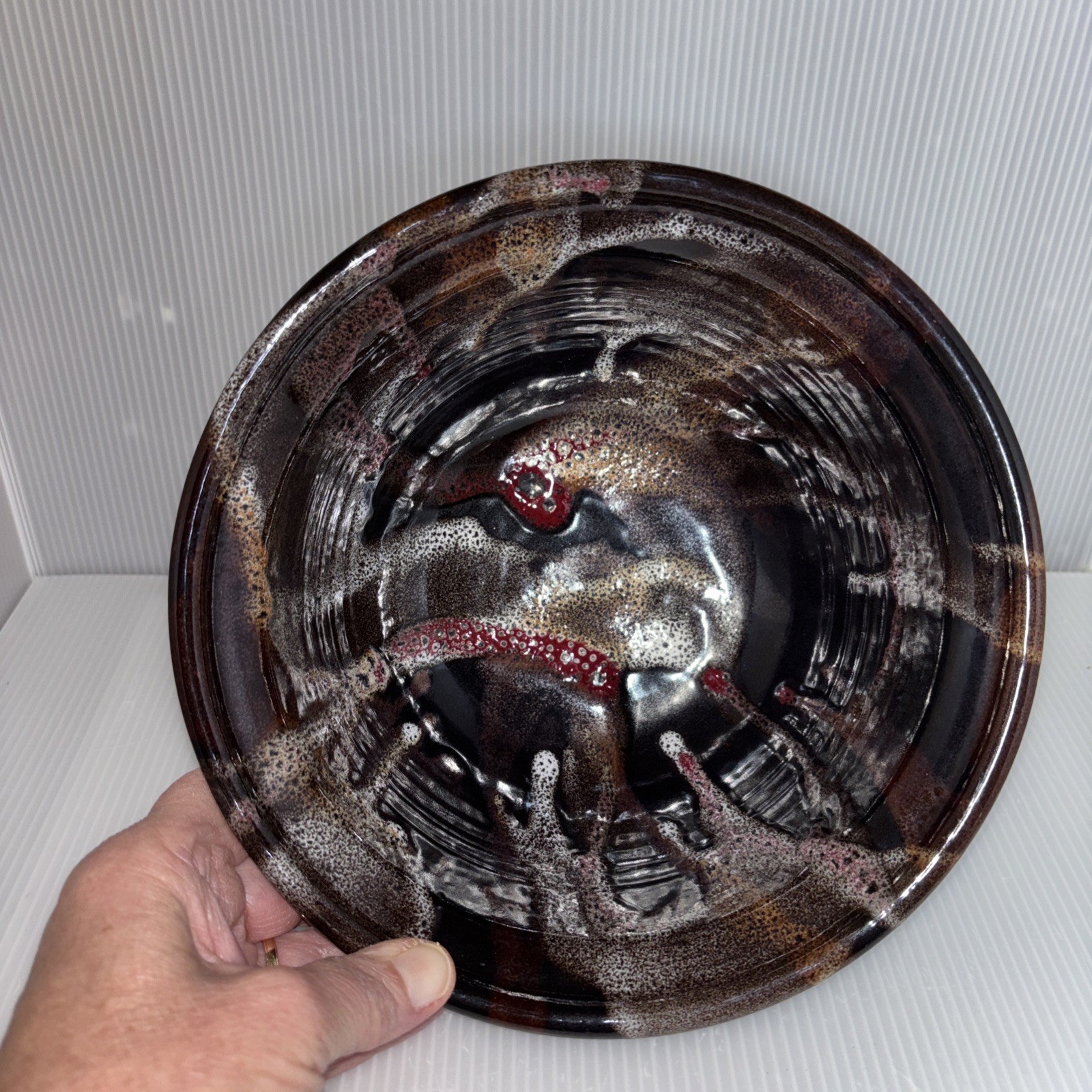 Rare Earth Pottery Bowl Drip Glaze Browns, Red, White 8” x 3.5”