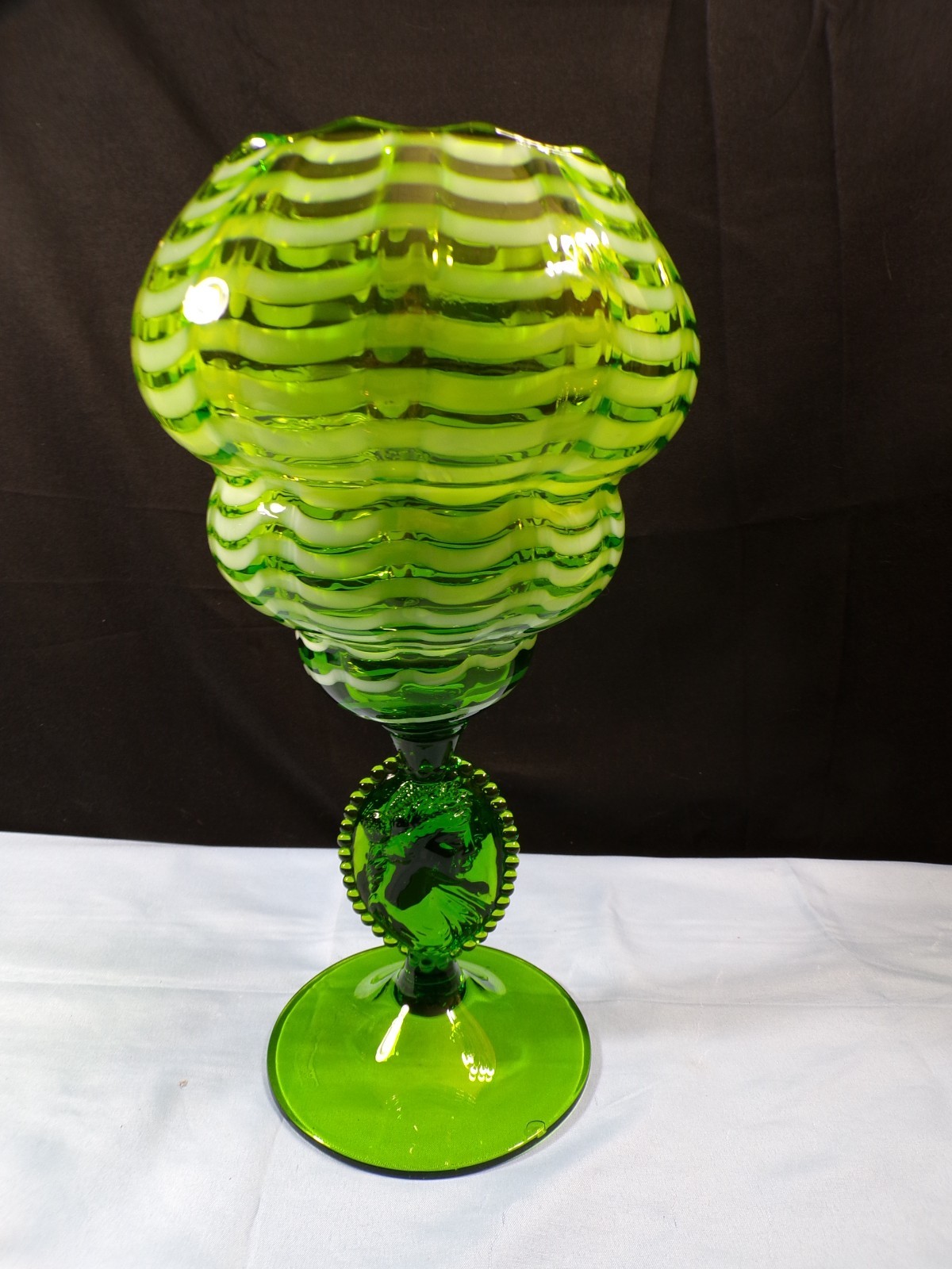Italian Empoli Draped Green Art Glass Footed Vase Compote Ivy Ball