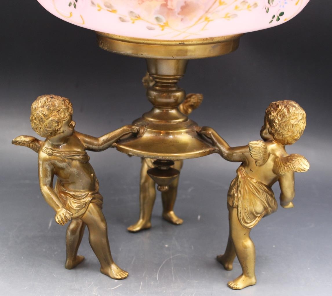 Ornate 19C Victorian Cased Pink Glass Brides Basket Bowl Centerpiece w/ Cherubs