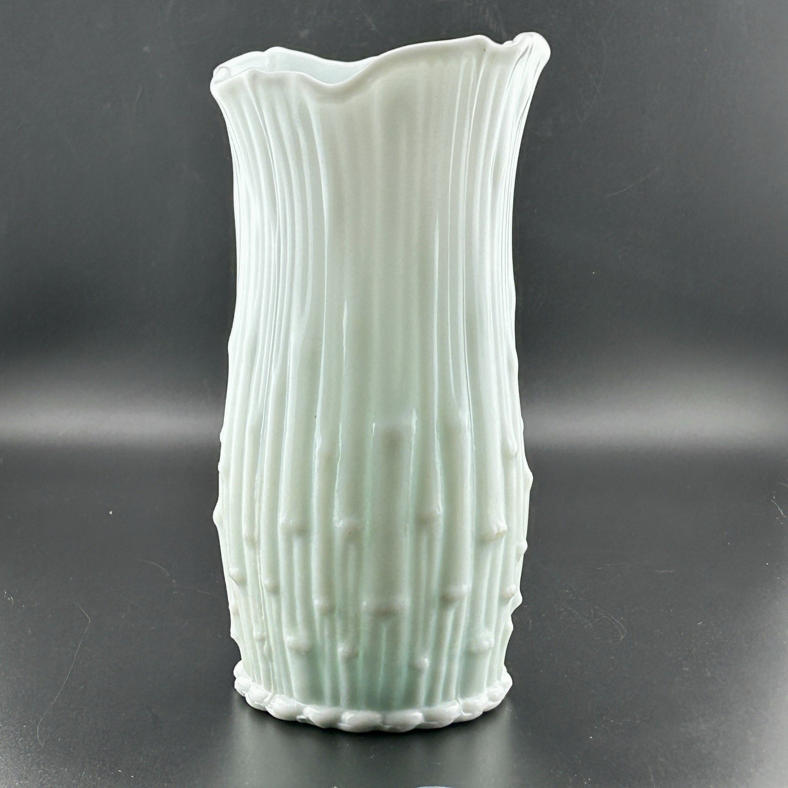 Italian Milk Glass Bamboo Vase Scalloped Rim 8″ Icy Blue Tint 60s VTG