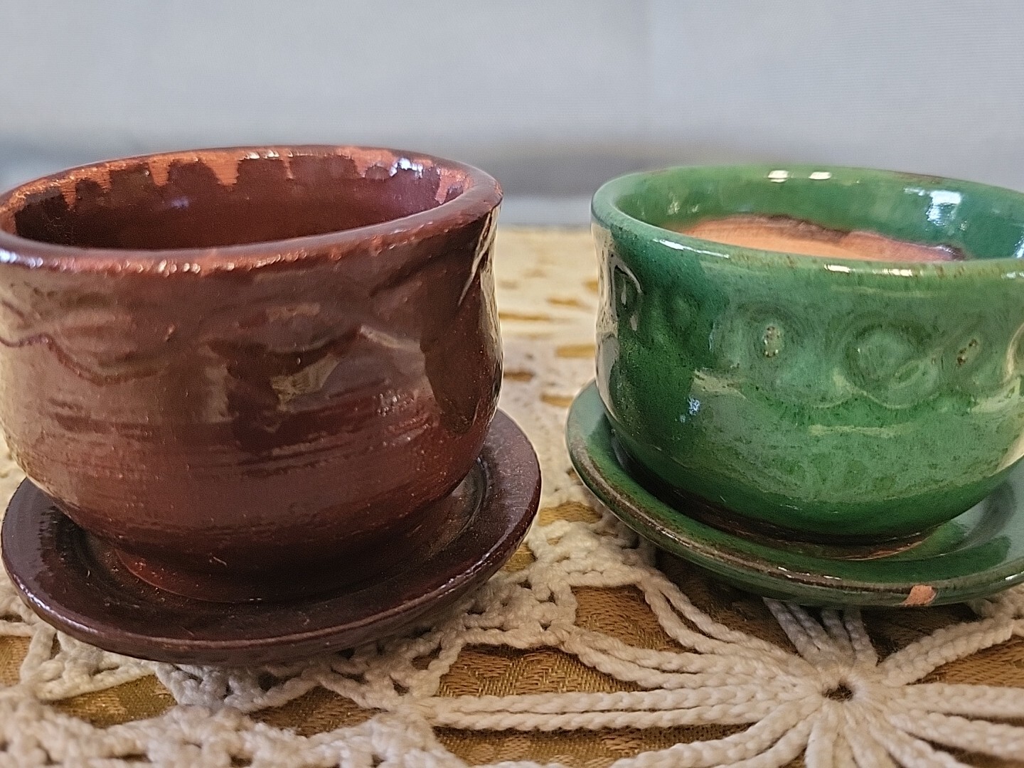 Mini Dark Green & Burgandy Colored Drip Glazed Planter Pot Set 2.25 In Each