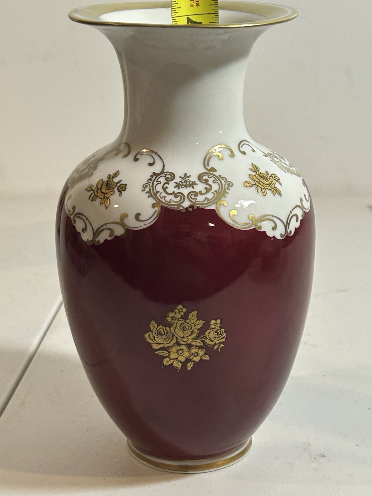 Vintage Reichenbach Fine China Vase Burgundy Red Gold Roses Germany 7.5”