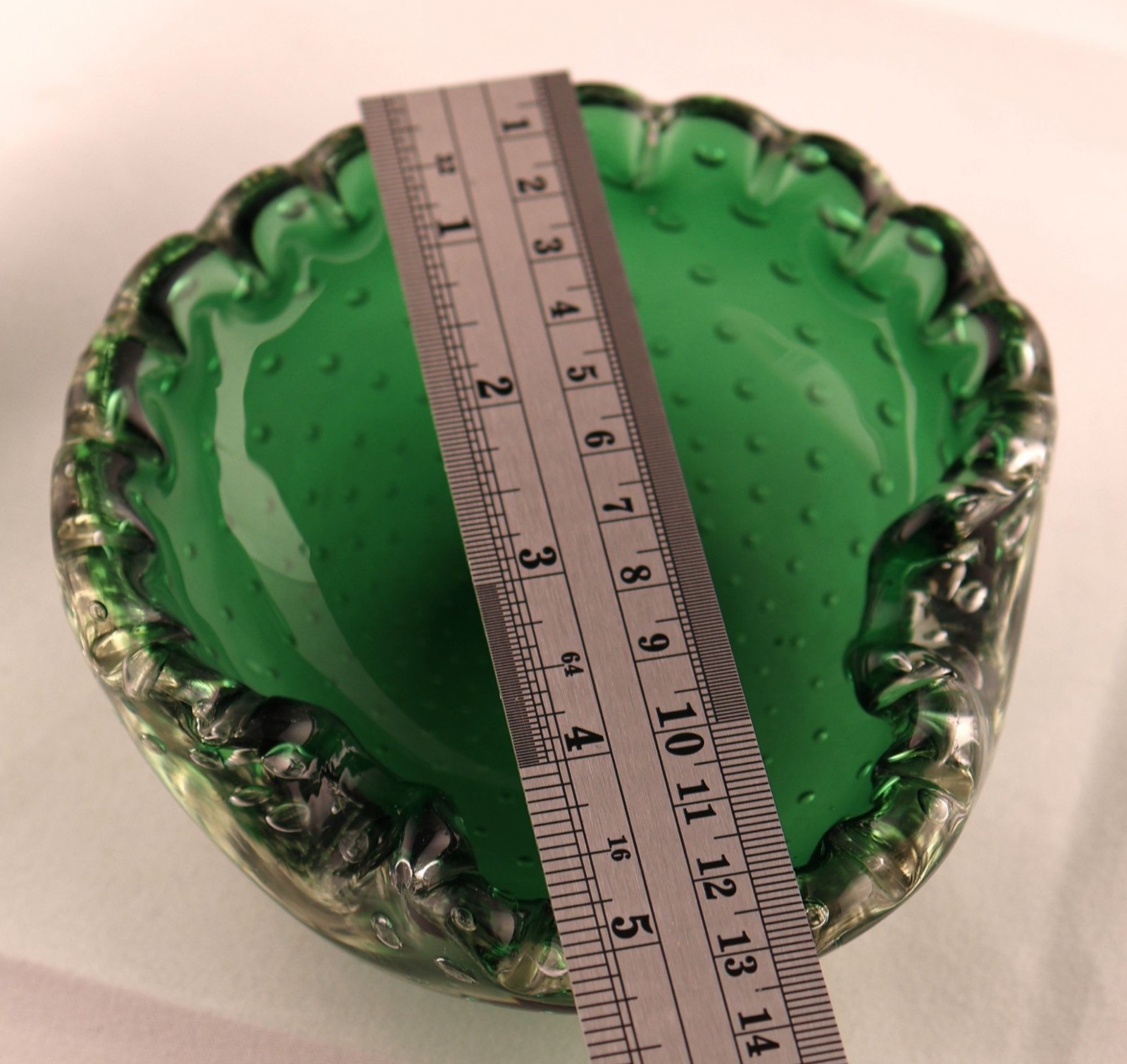 Vintage Murano Green Bullicante Art Glass Bowl Ashtray Alfredo Barbini 5″