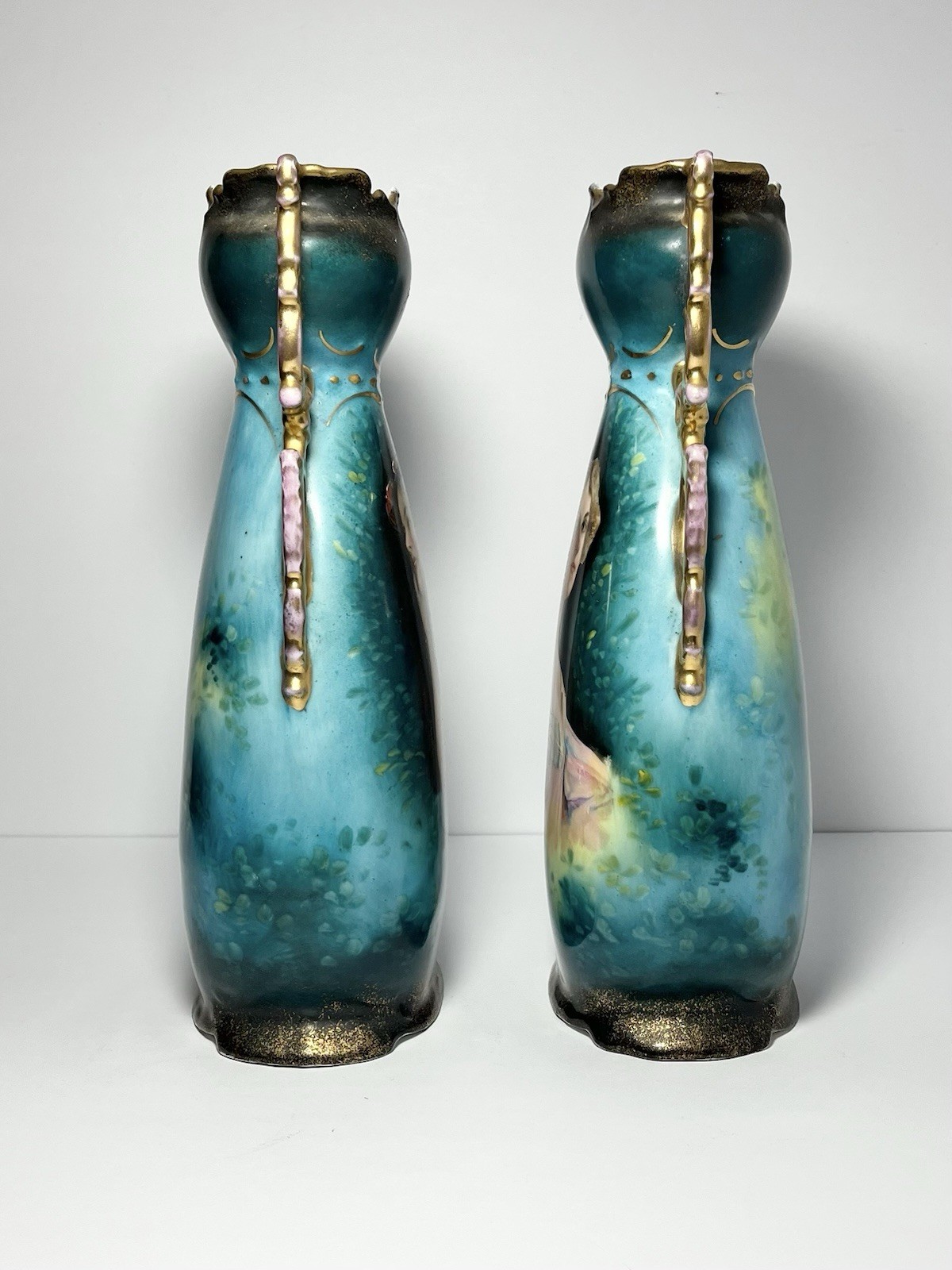 1890s Victoria Carlsbad Austria Art Nouveau 2 Art Nouveau Portrait Vases 11 5/8”