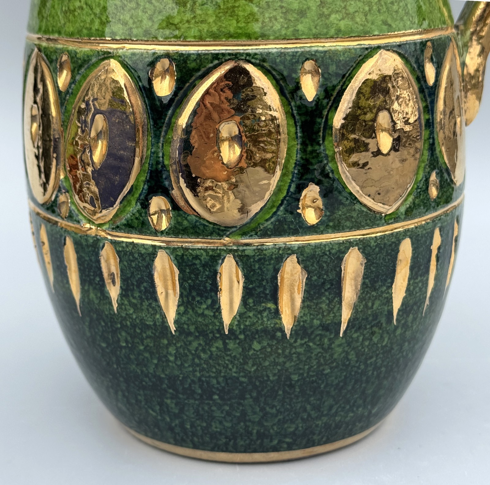 Italian Pottery Pitcher, Mid 20th Century, Green with Gold Accents, Italy