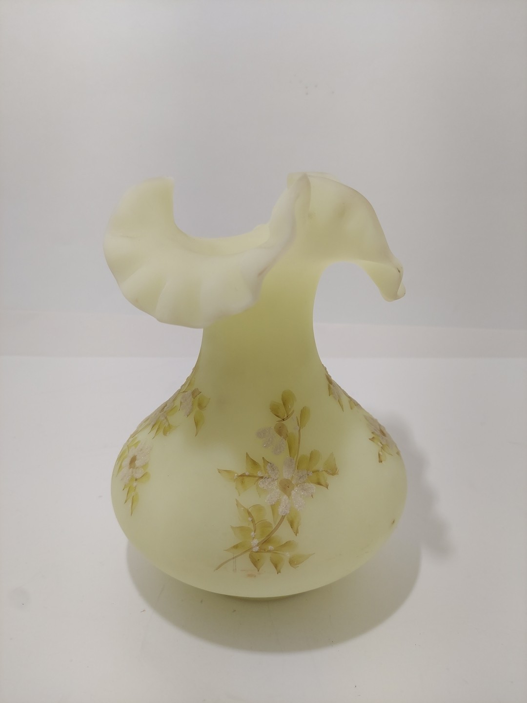 Vintage Uranium Fenton Custard Satin Glass Vase With Hand Painted Flowers Signed
