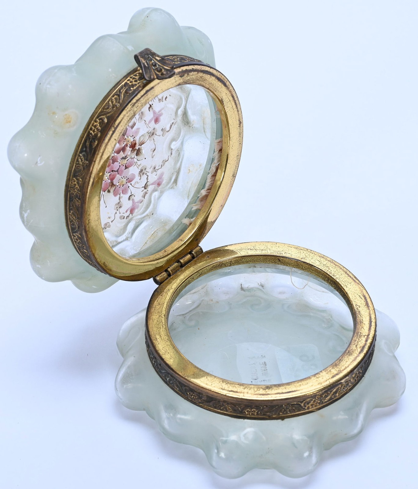 Wavecrest Hinged Dresser Box-Baroque Mold-Green Crystal With Pink Floral