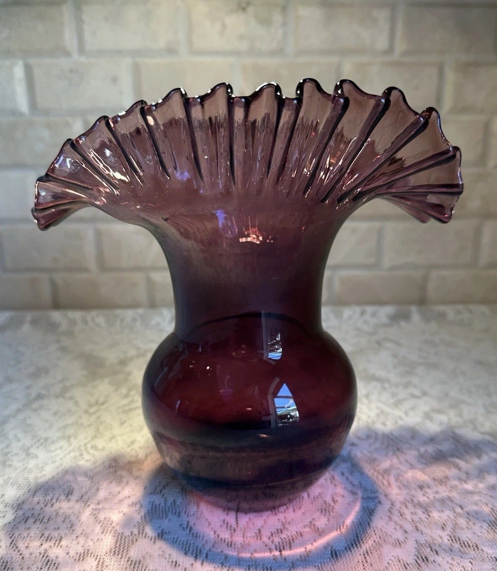 Blenko #390 Purple Amethyst Glass Vase, Mid-Century Crimped Rim Hand Blown 7.75”