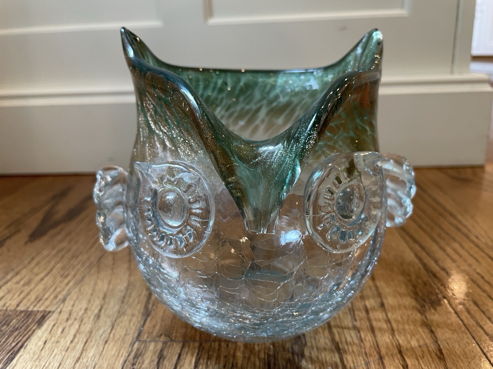 Vintage Crackle Glass Owl Vase Planter Green Art Glass Hand Blown 7” Tall