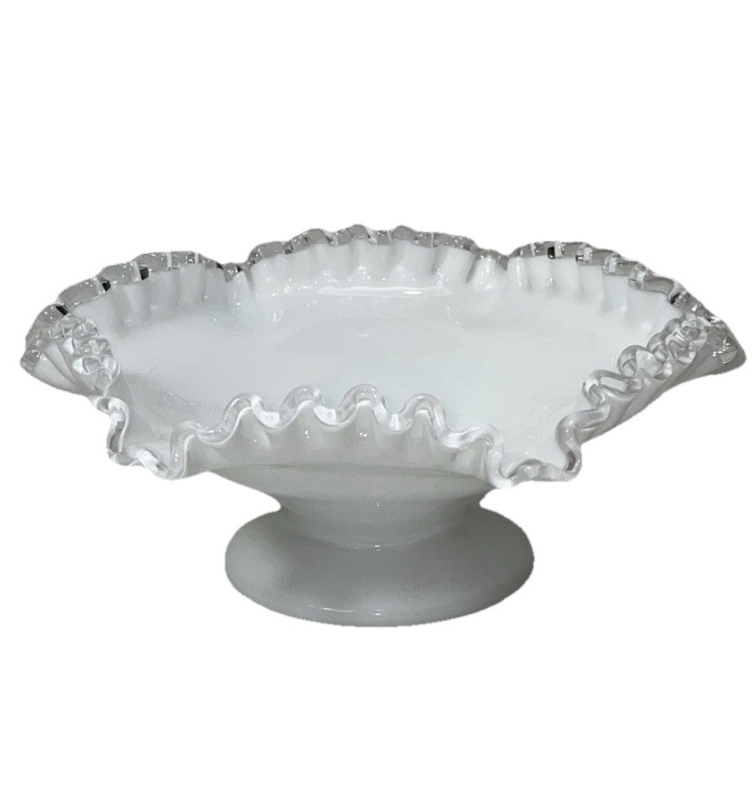 Vtg Fenton Milk Glass Ruffled Bowl Clear Rim Spanish Lace Edge White 8” Smooth
