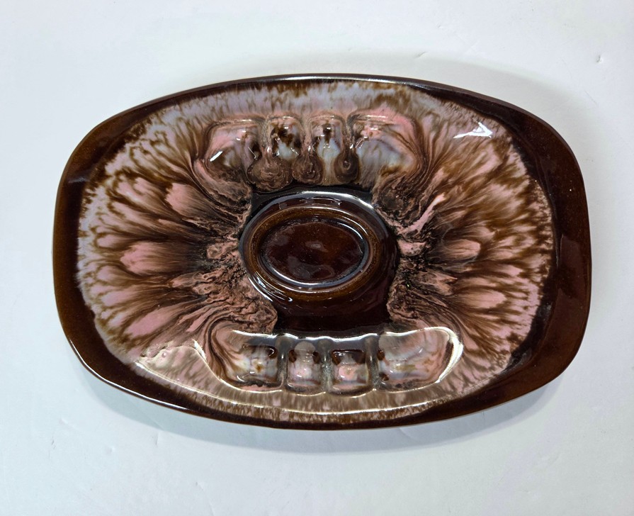 Vintage 1960s MCM Ceramic Drip Glaze Ashtray Trinket Dish Brown & Pink 7.25″