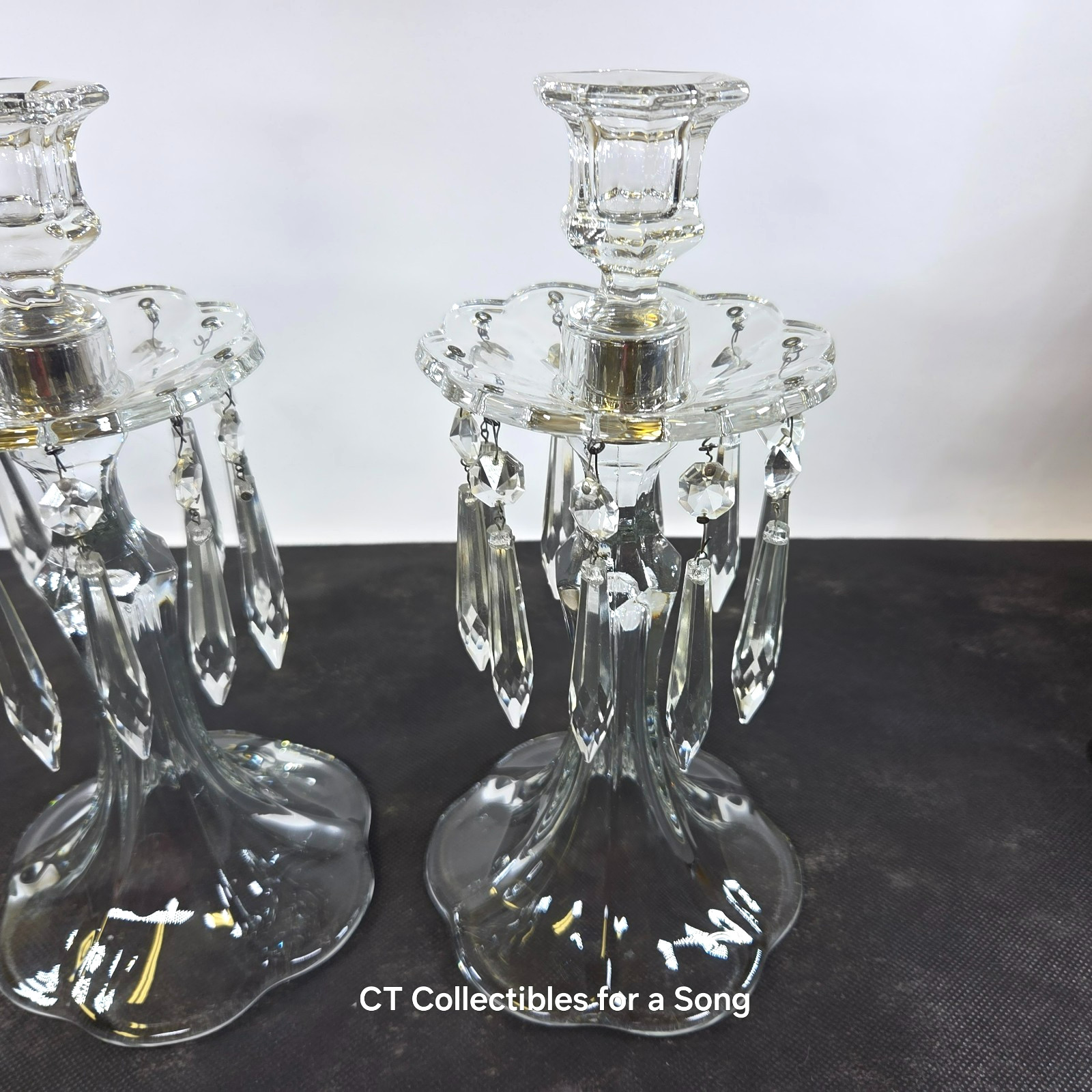 VTG Set 2 Crystal Glass Luster Prism Girandole Candle Sticks Holders 11 1/4″ H