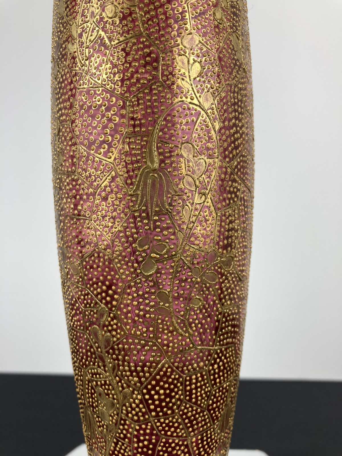 Antique Moser/Bohemian Cranberry and Heavy Stipped Gold Vase. 12 1/2″ Tall.
