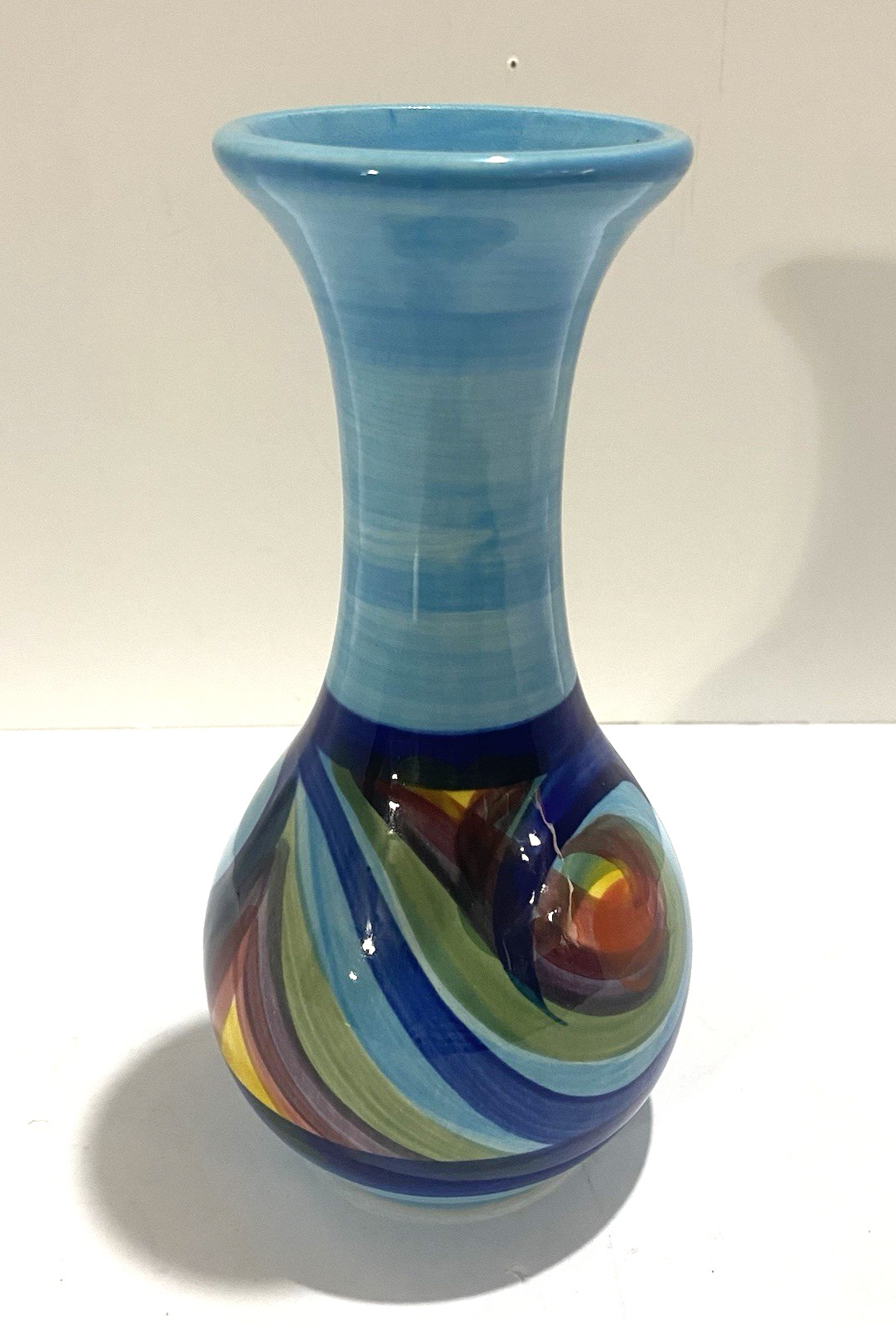 Gail Pittman Hand Painted Art Pottery Bud Vase Signed Multicolor Blue Swirl 6.5″