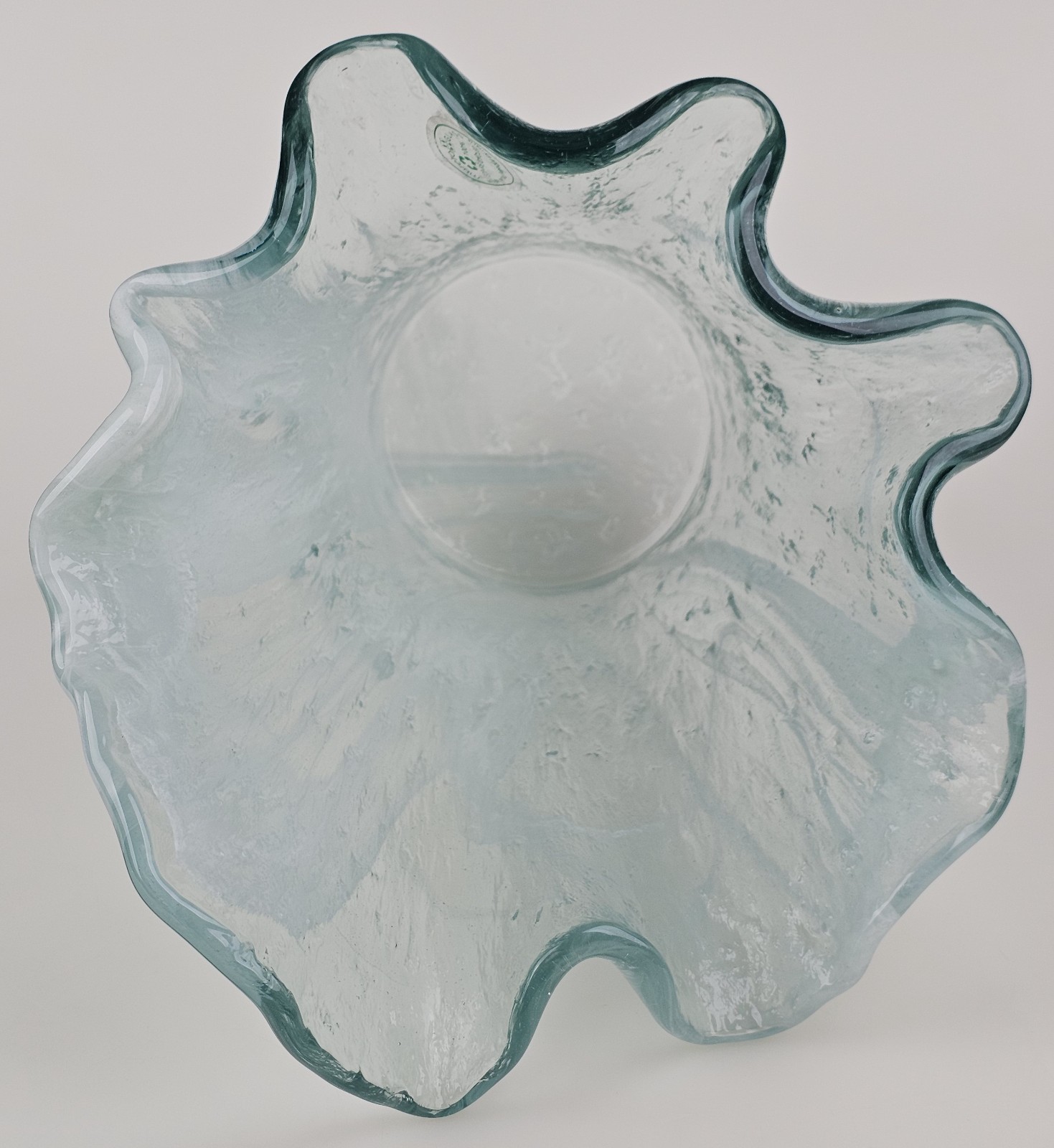 Murero Glass Aqua & White Large Handkerchief Vase or Luxury Trash Bin Italy 11″