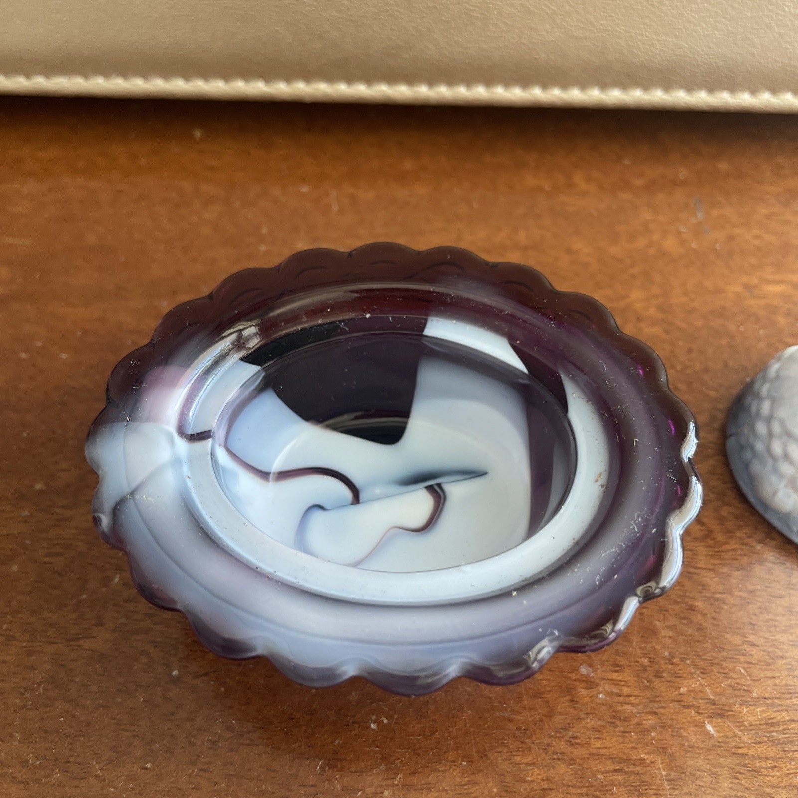 Mosser Amethyst Hen on Nest Mini Purple & White Blue Slag Glass Salt Cellar 2.5″
